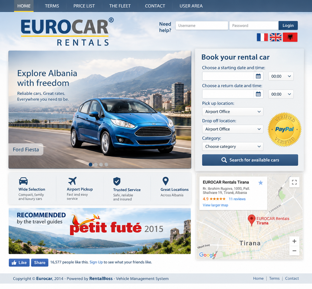 Screenshot of the Eurocar Rentals homepage, showing the car search and booking widget with pickup and drop-off locations, date pickers, and a vehicle category selector.