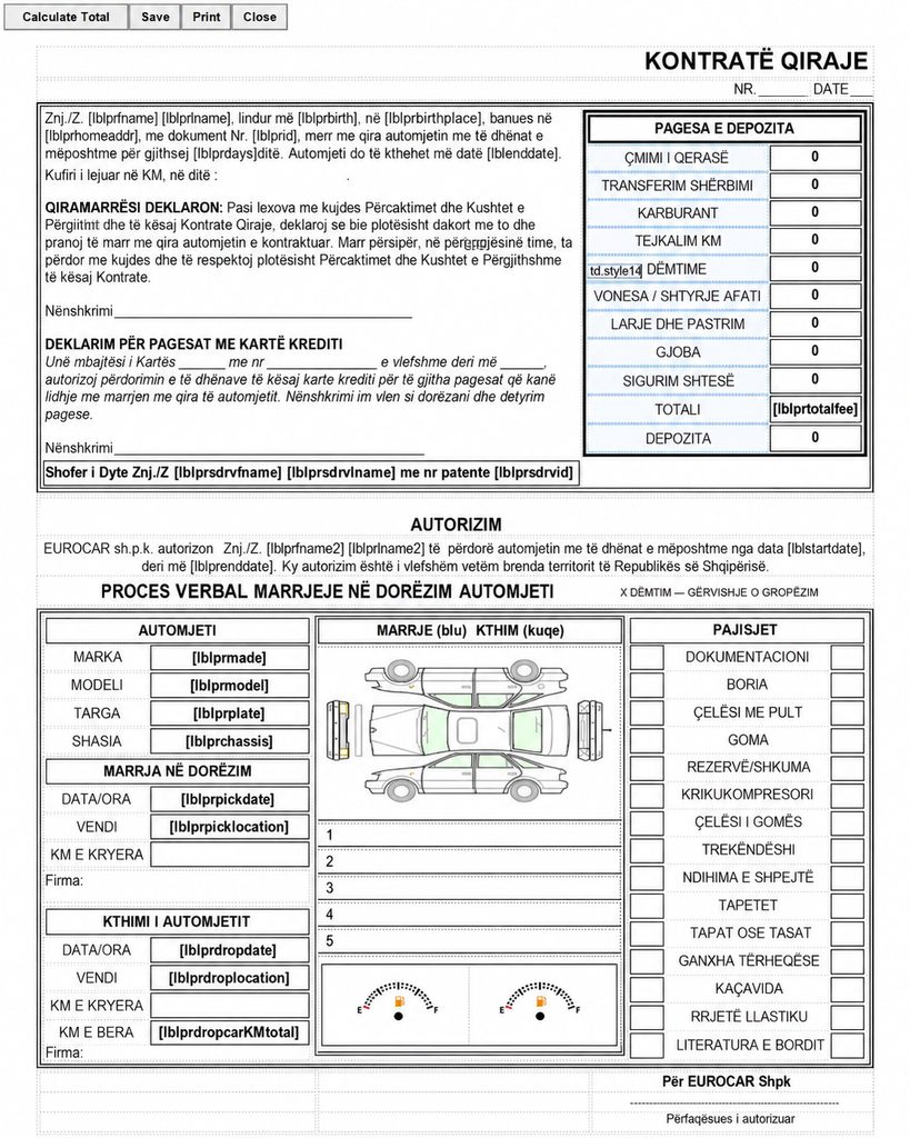 Scanned rental agreement form with fields for vehicle handover and return details, vehicle condition, and deposit.